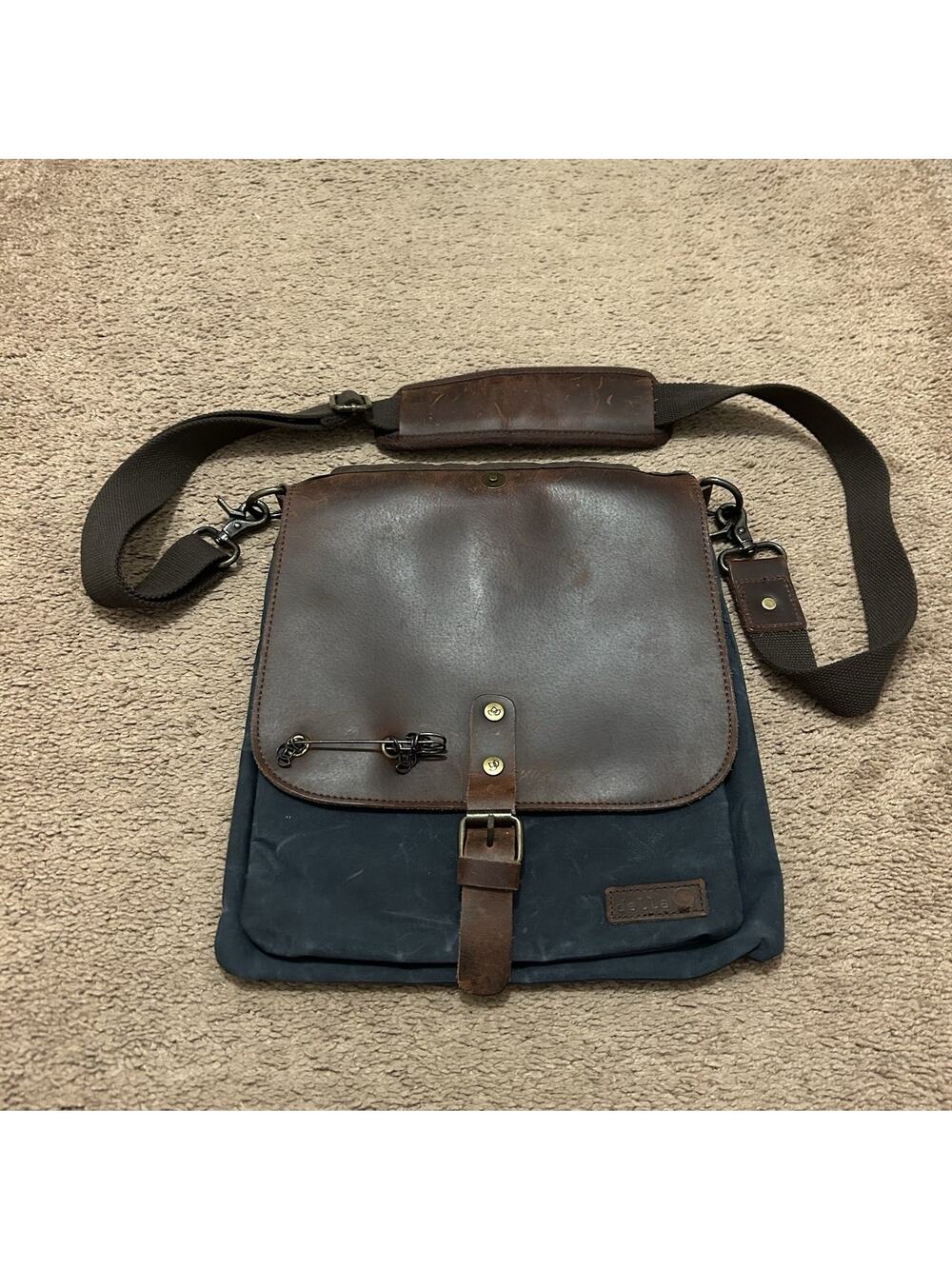 Della Q Dealer Maker Messenger Bag Leather Canvas Adjustable Strap Brown Blue